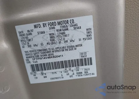 2008 Ford F150 60Th Anniversary/Fx4/King Ranch/Lariat/Xlt из США, поврежденный, VIN 1FTPW14V48KB20411